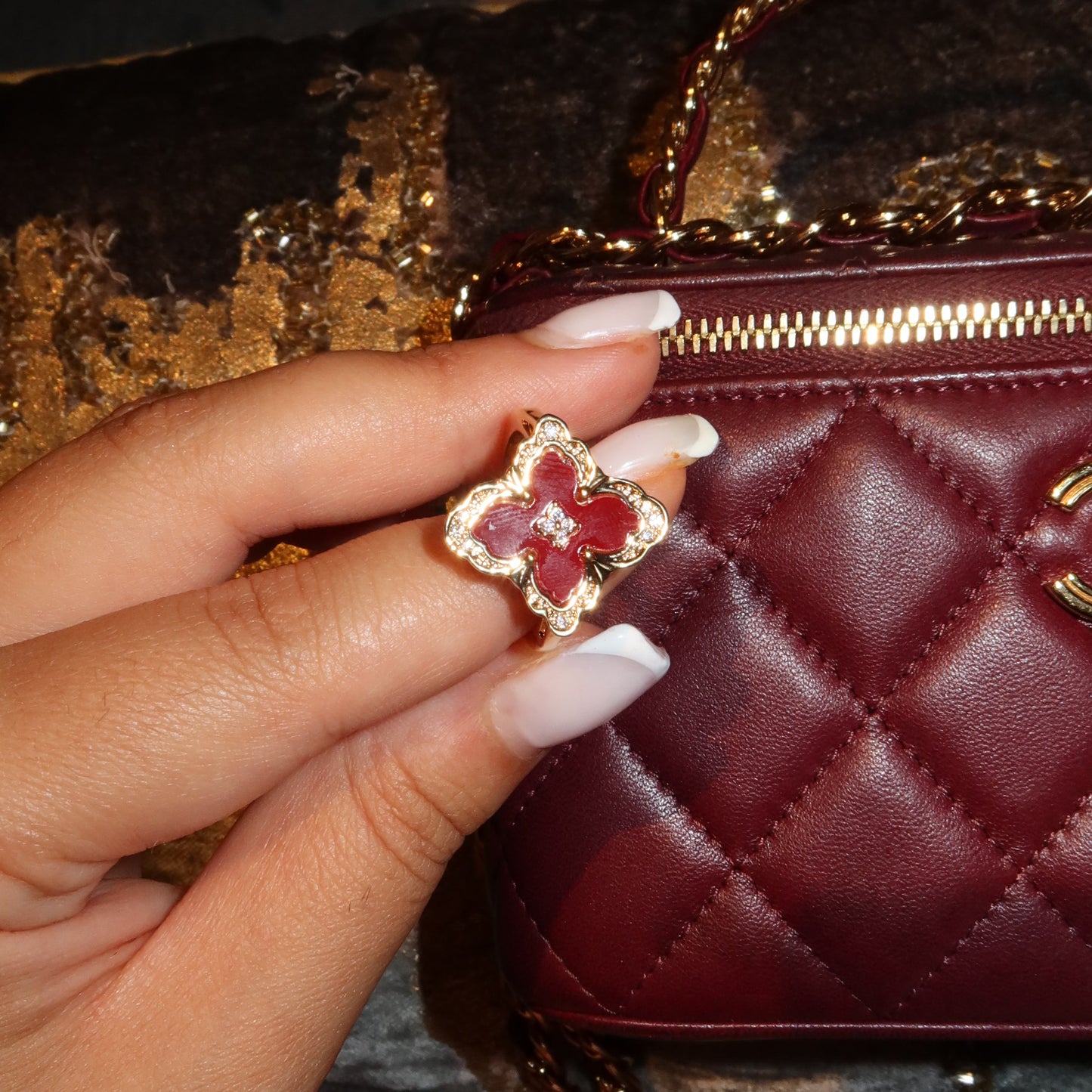 Burgundy Diamond Leaf Ring