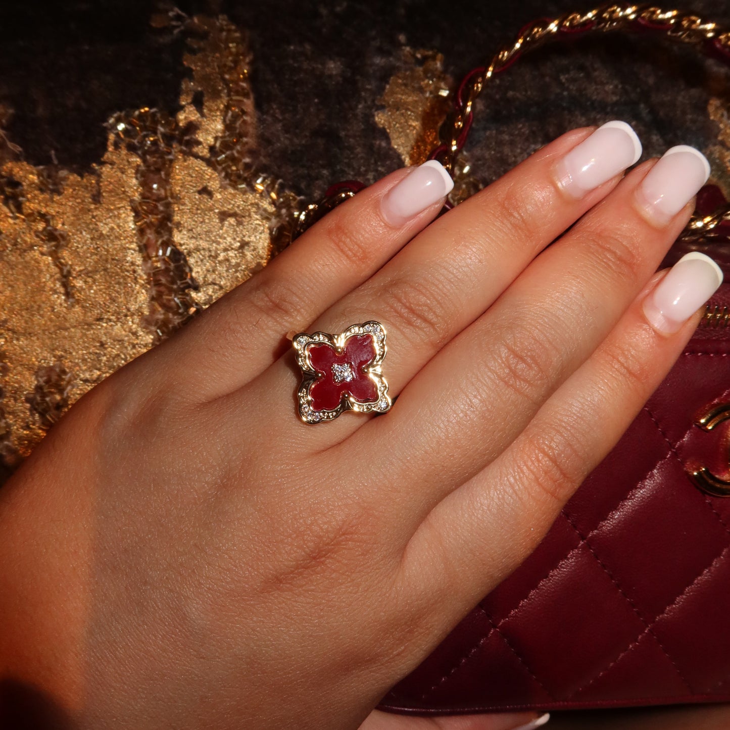 Burgundy Diamond Leaf Ring